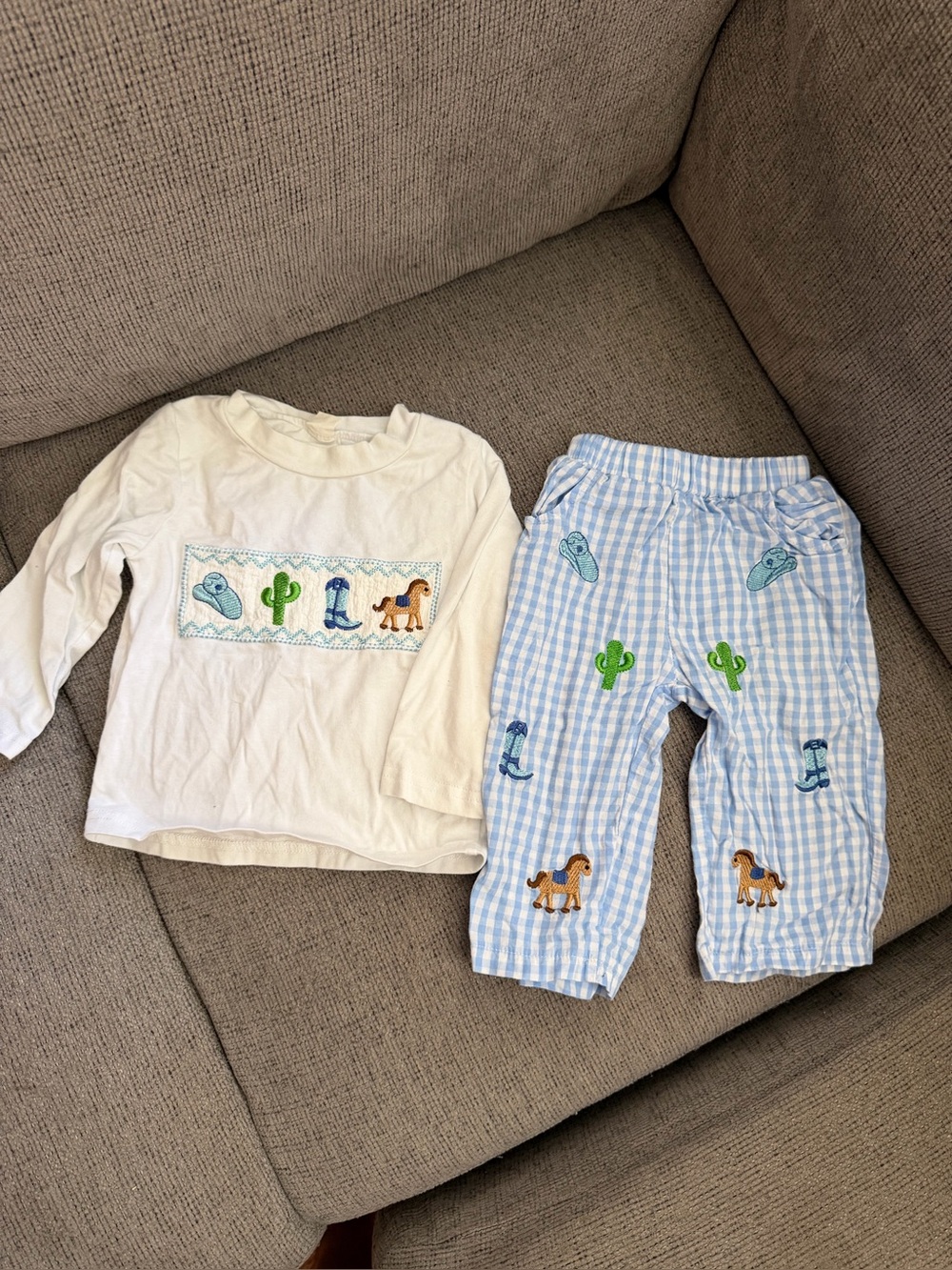 Kids Two-Piece Pajama Set in White and Light Blue with Western Embroidery